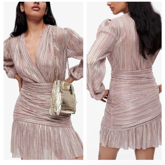 Maje Runnylo Metallic Lurex Pleated Mini Dress Pink Rose Women's Size 42 US 10 - Picture 1 of 16